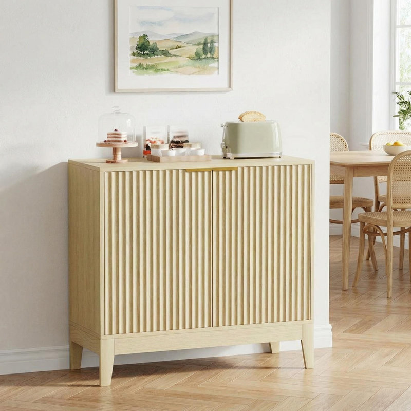 Buffet 32 "cannelé - Buffet Mid-Century moderne avec 2 portes, console de rangement multifonctionnelle pour le salon, la cuisine, la salle à manger, le vestibule, chêne naturel