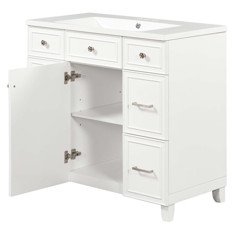 Meuble-lavabo de salle de bain avec comptoir de lavabo, porte à fermeture douce et 3 tiroirs, Blanc, Nickel brossé