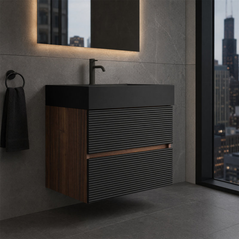 Meuble-lavabo mural 24 po, tiroirs noirs doux, lavabo à quartz noir mat, 2 tiroirs, Black