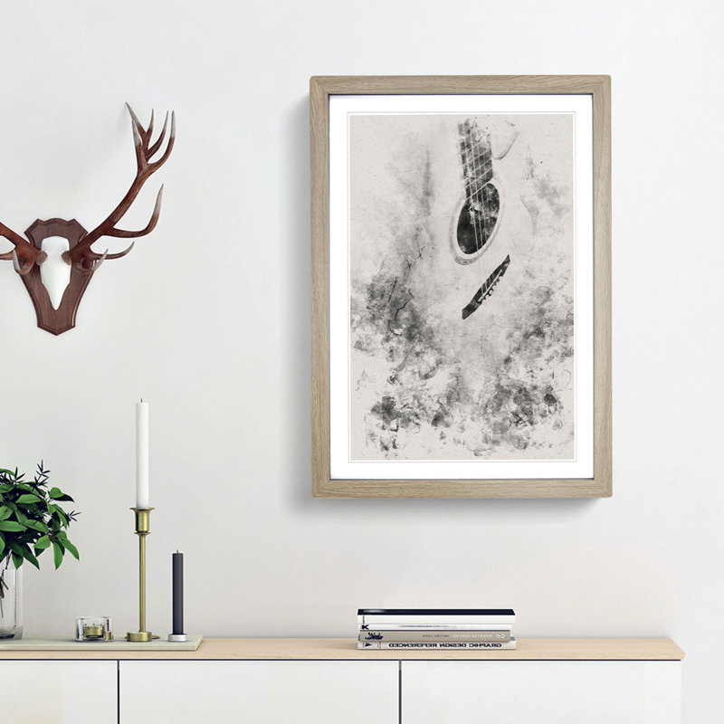 Cracked Acoustic Guitar Watercolour - Framed Print, 87cm H x 62cm W x 2cm D, Oak Framed