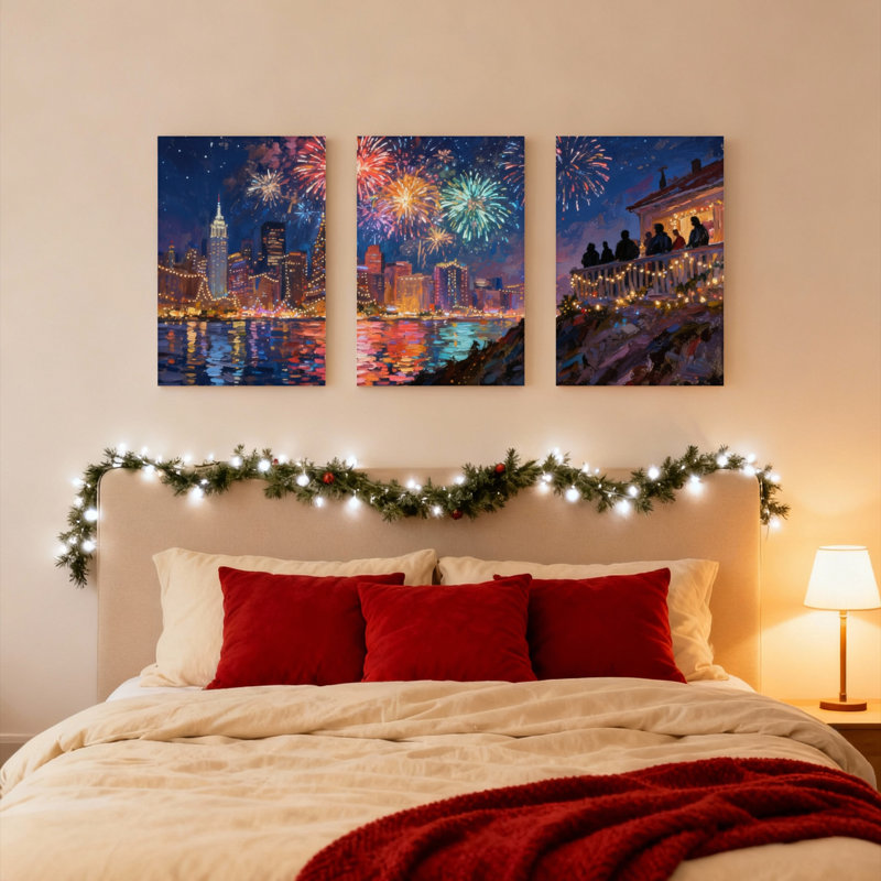Ensemble de 3 toiles murales « Feux d'artifice et paysage urbain nocturne »., H 18 po x l 36 po