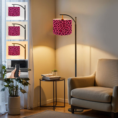  Lampe sur pied arc à motif léopard sans soudure à imprimé animal noir à taches roses vives et léopard rose, grande lampe sur pied moderne, abat-jour réglable en lin à 3 températures de couleur