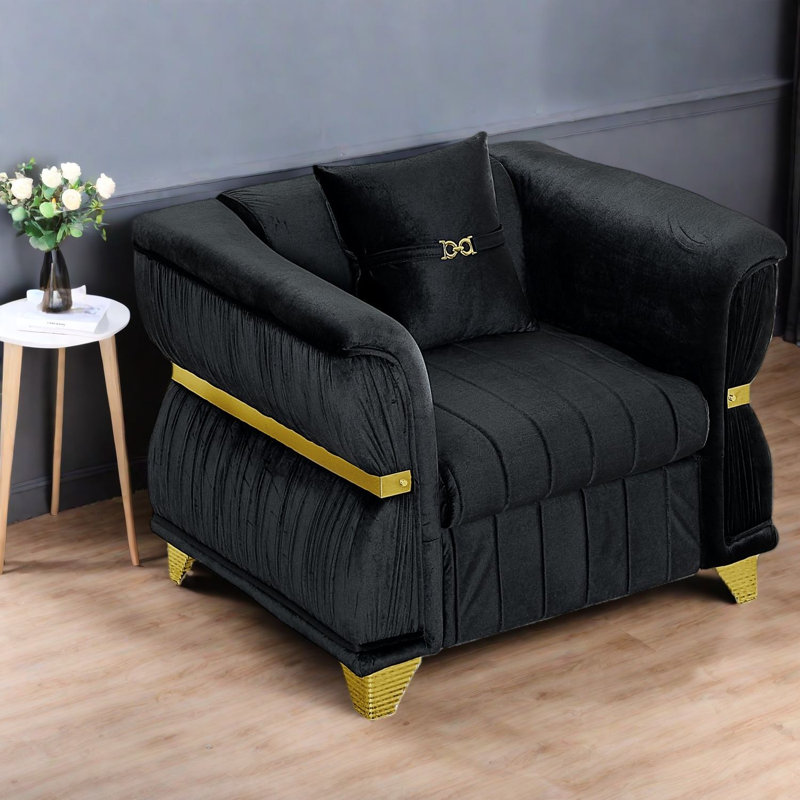 Fauteuil d'appoint Modern Sofas, velours noir, garniture en métal doré pour la maison