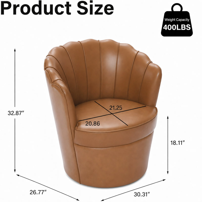Genuine Leather Accent Swivel Barrel Chair – 360° Spin Metal Base, Light Brown