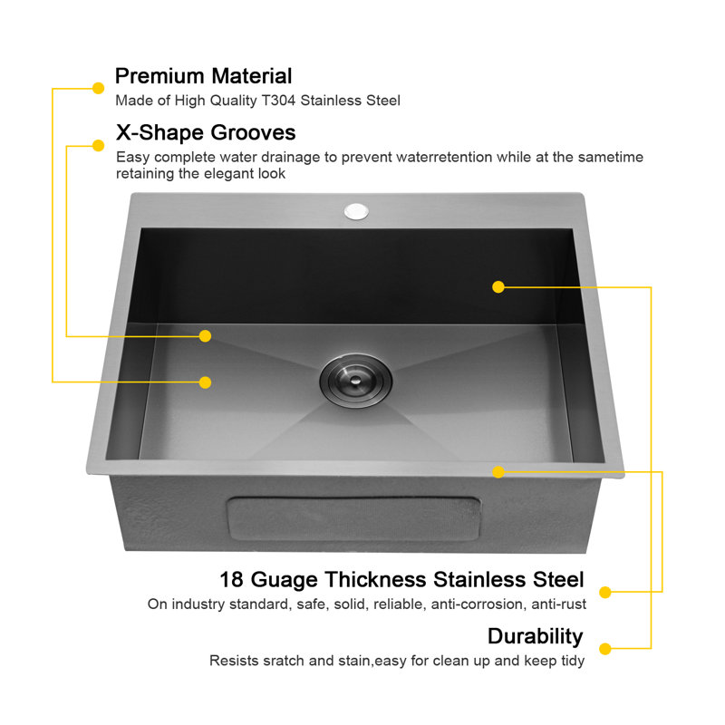 28" Gunmetal Black Stainless Steel Single Bowl Drop-In Kitchen Sink