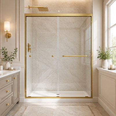 Porte de douche coulissante double en or brossé réversible de 55 à 60 po x H 72 po avec cadre en alliage d'aluminium, verre trempé de 1/4 po (6 mm) avec membrane Nano anti-déflagrante, installation facile