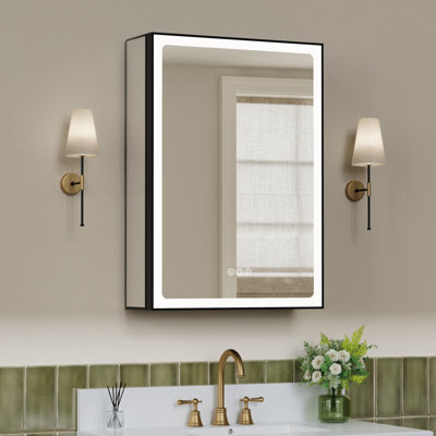 24" W X 30" H Modern Black Aluminum Frame Surface/Recessed Mount Medicine Cabinet with Mirror, Anti‑Fog, Tri‑Color Dimmable Lights and Adjustable Glass Shelves for Makeup, Shaving or Bathroom Vanity Storage