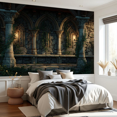 Peel and Stick Wallpaper Ancient Gothic Castle Golden Hour Architectural Wall Murals 69"H x 96"W Removable PVC Wall Paper Self-Adhesive Wall Decor for Bedroom Living Room Home Office