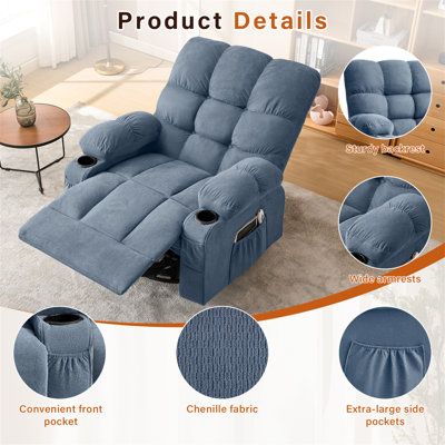 Fauteuil inclinable de massage pivotant avec massage par vibration et chauffage lombaire pour adultes, canapé-lit inclinable à bascule surdimensionné de 350 lb avec poche latérale et port de charge USB pour le salon