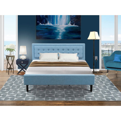 Ensemble de lit 2 pièces très grand Fannin avec 1 base de lit et une petite table de chevet bleu marine - Fabrication fiable et robuste - Lit en tissu de lin bleu denim