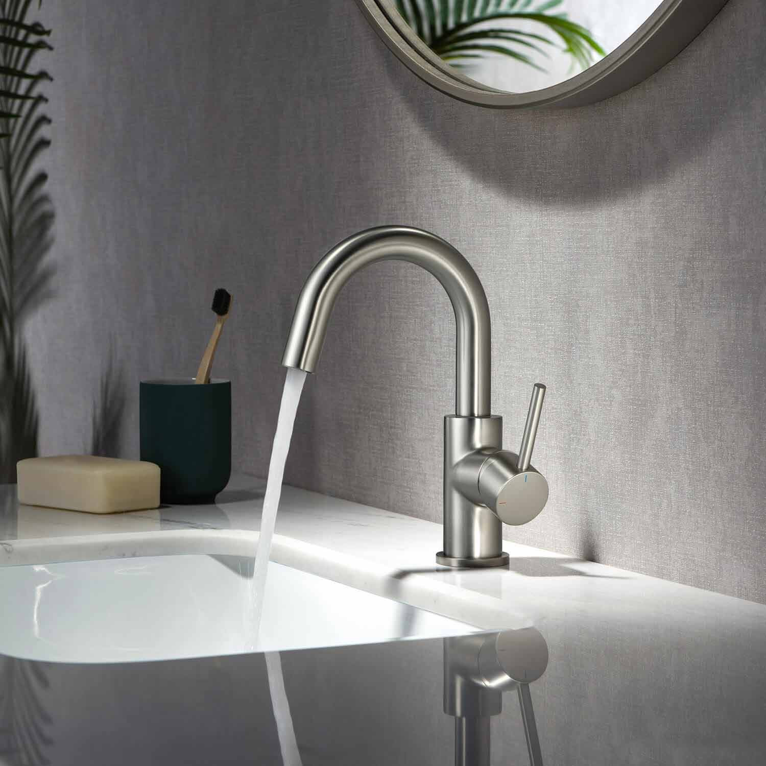 Circular Single-Hole Bathroom Faucet with Drain, Brushed Nickel