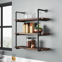 FODUE Industrial Pipe Bathroom Shelves Wall Mounted 2-Shelf,Rustic Pipe  Shelving Wood Shelf with Towel Bar,Pipe Floating Shelves Towel Holder