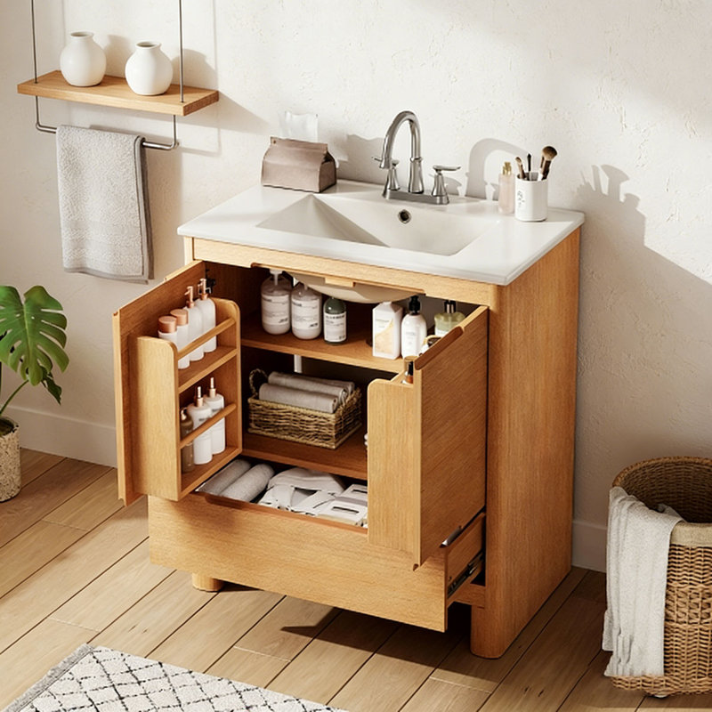 Meuble-lavabo moderne 30 po avec lavabo en céramique, Chêne
