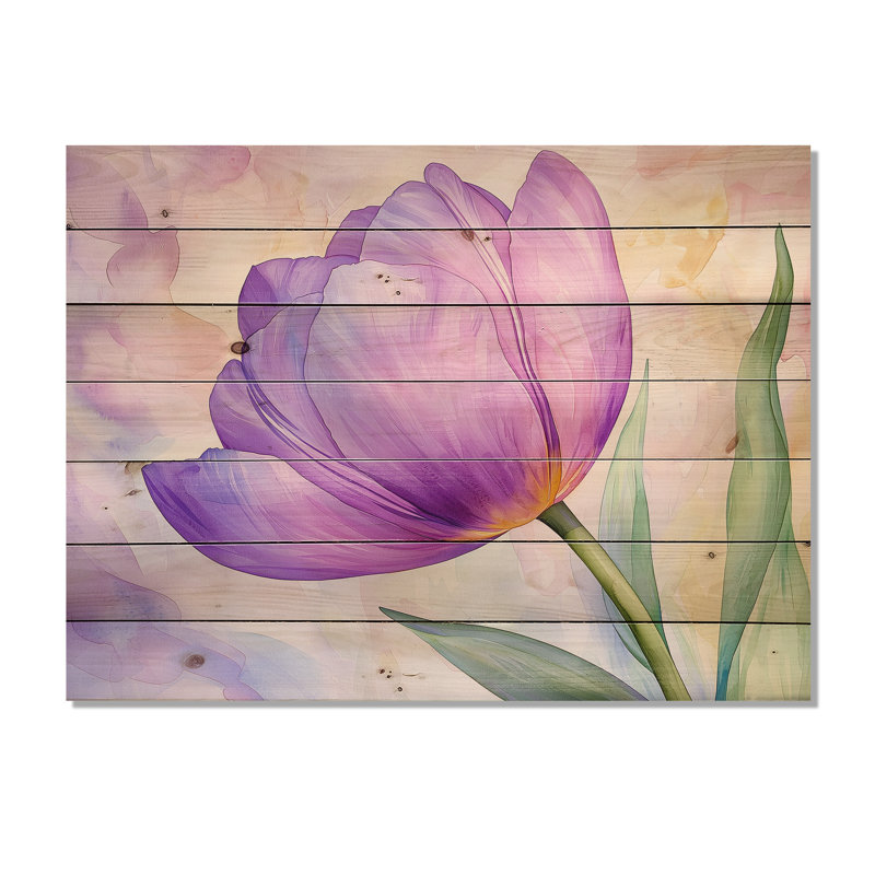 Fleur d'été de tulipe mauve V - Impression sur bois mauve traditionnelle sur bois de pin naturel