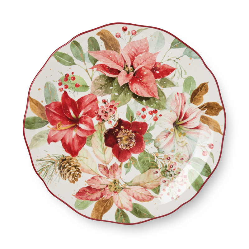Winter Blooms Set of 4 Holiday Dinner Plates – 11" Romantic Ceramic Christmas Plates with Poinsettia & Evergreen Design – Microwave & Dishwasher Safe Floral Dinnerware for Festive Dining