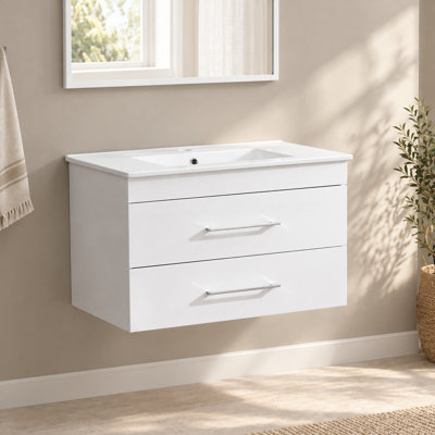 Meuble-lavabo mural blanc lustré de 31,5 pouces avec deux tiroirs