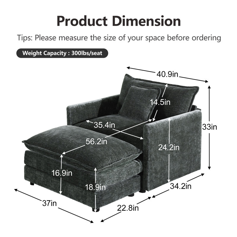 Living Room Set, Chenille Sofa With Ottoman,  For Living Room, Gray Chenille
