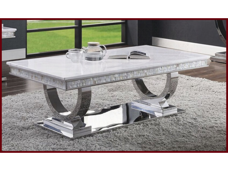 Table basse White Zander avec plateau en marbre de culture de 18 mm Cadre en miroir argenté, pièce élégante pour le salon