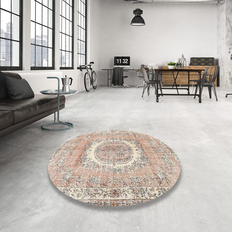 Tapis oriental orange / crème / gris, Rond 7 pi