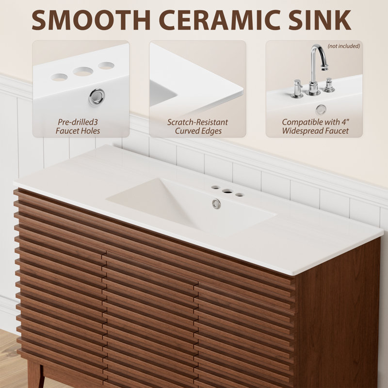 Katie With Sink, Mid-Century Freestanding Katie Sink With Storage, Undermount Ceramic Sink, Particleboard Frame With Wood Grain Laminate