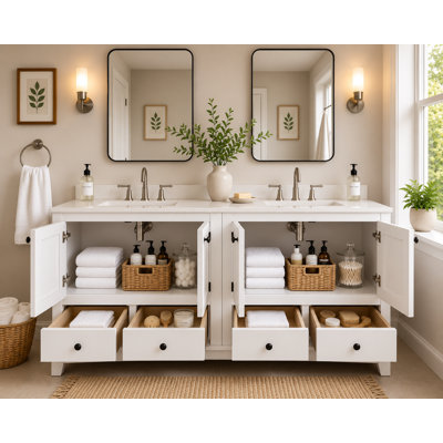 60" Solid Wood Double Sink Bathroom Vanity Cabinet - White, Freestanding Bathroom Vanity Base with 4 Doors & 4 Drawers, Soft-Close Storage (Sink & Countertop Not Included)
