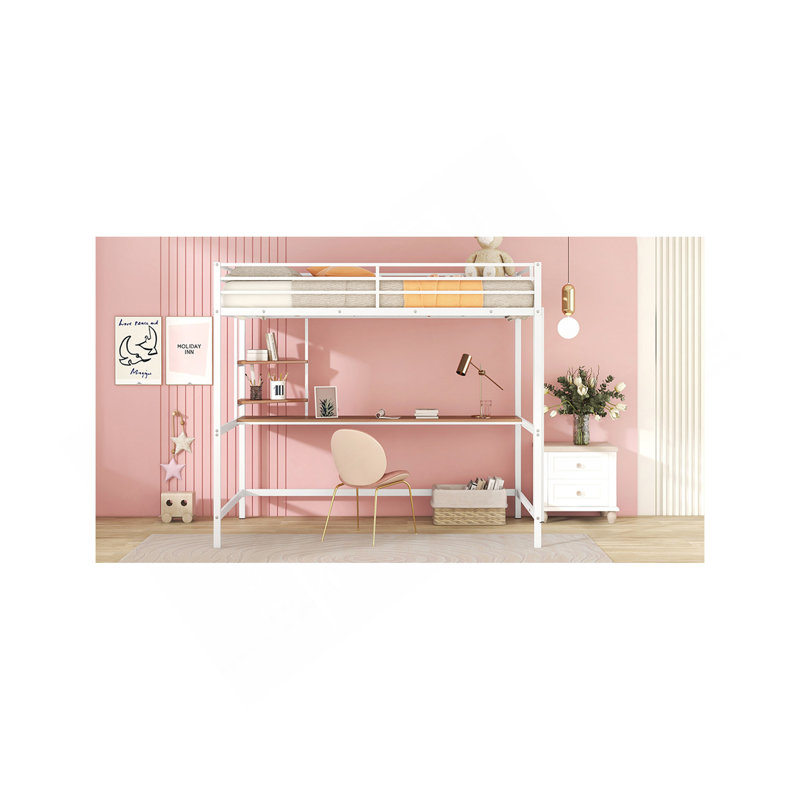 Lit mezzanine double en métal avec bureau et tablette, blanc