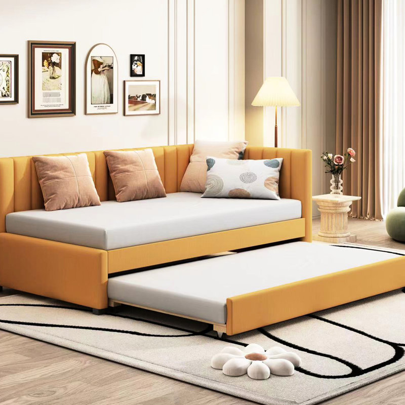 Lit de jour rembourré de conception classique avec lit gigogne, taille simple, tissu en lin de couleur jaune, sans sommier
