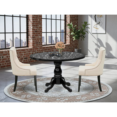 3-piece kitchen table set Consists a pedestal table and 2 Button Tufted Parsons chairs with Light Beige Linen Fabric, Black finish.