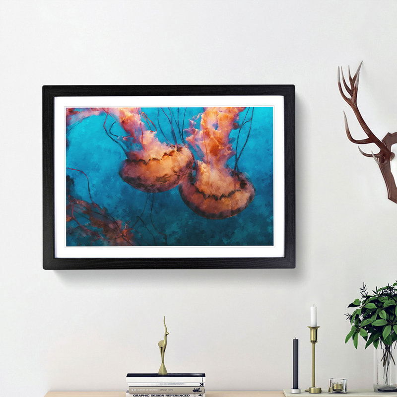 Pink Jellyfish - Picture Frame Painting Print, 62cm H x 87cm W x 2cm D, Black Framed