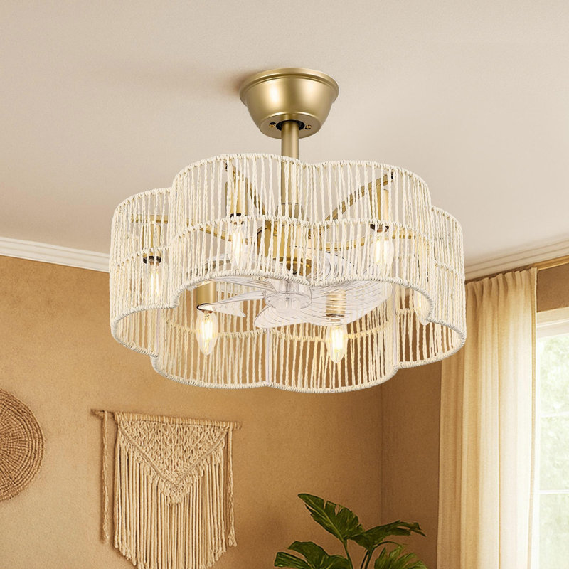 Ventilateur de plafond tissé festonné 19,7 "avec télécommande et lumière, Ivoire ivoire