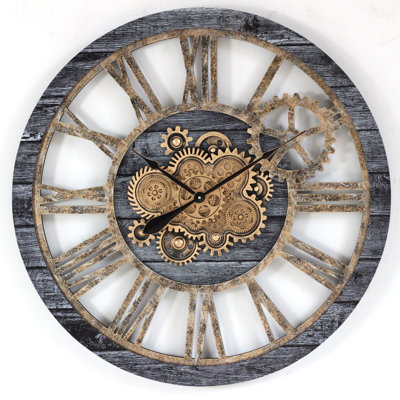 Wall Clock 36"" Round Oversized for Living Room decor with Real Moving Gears America Collection -  The Gears Clock, TGC_AM-LI_36-R_Carbon Grey