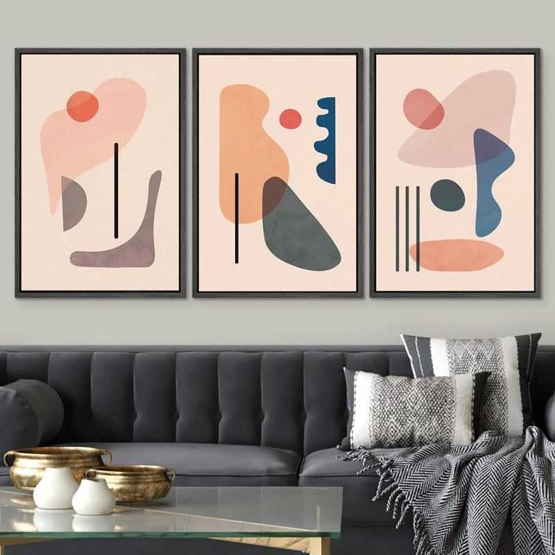 " Retro Mid-Century Colourful Variety Abstract Shape Illustration Modern Art Chic Relax Multicolor " 3 - Pieces, Noir