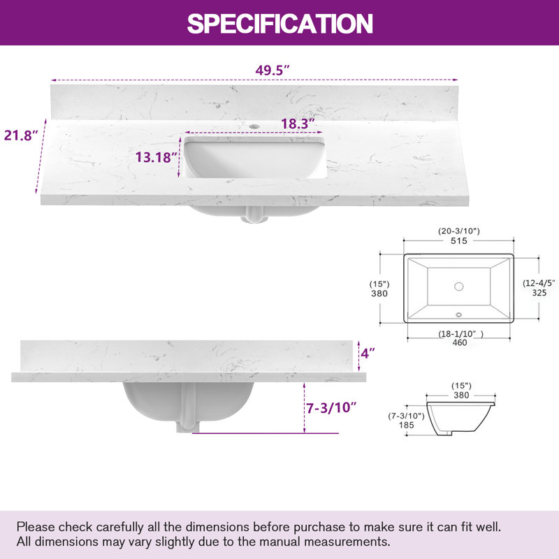 Granite Vanity Top with Integrated Backsplash–No Cabinet