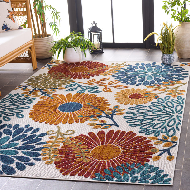 Kellems Performance Floral Indoor/Outdoor Area Rug, Rectangle 8' x 10', Blue/Orange/Cream