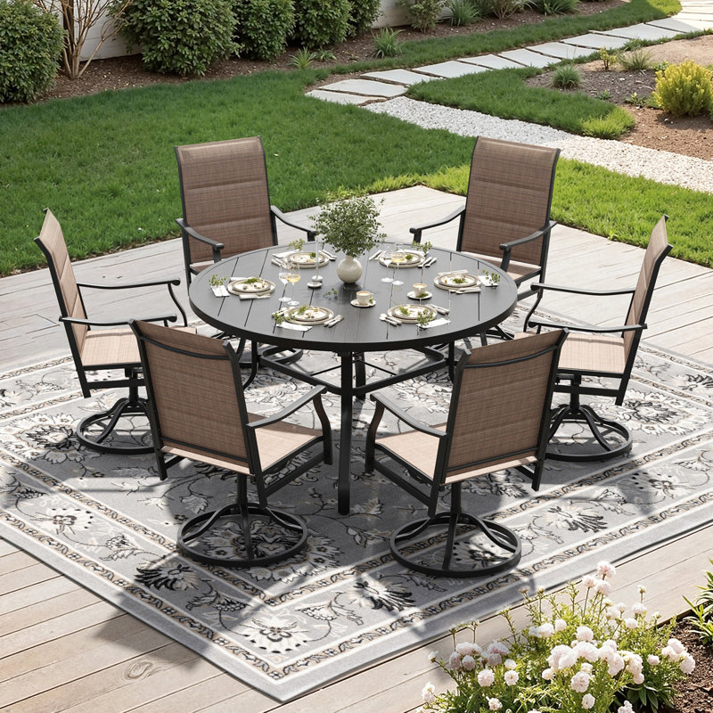 6-Person Outdoor Dining Set with 6 Padded Swivel Sling Chairs and 47" Round Steel Dining Table, Brown