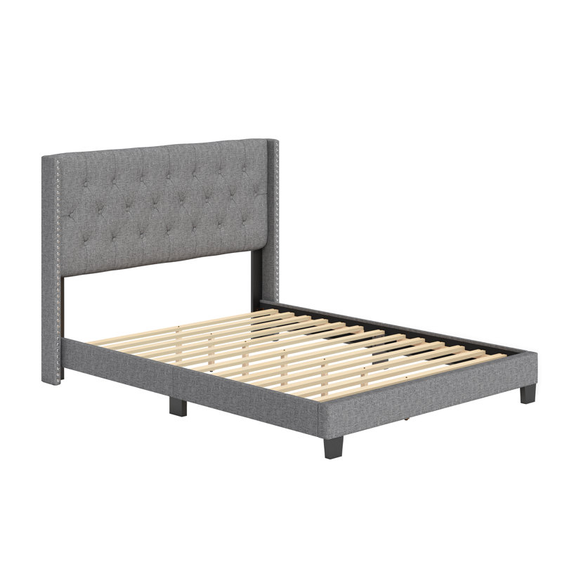 Base de lit en lin Boyd Sleep Mia avec tête de lit capitonnée, aucun sommier requis, Reine, Gris