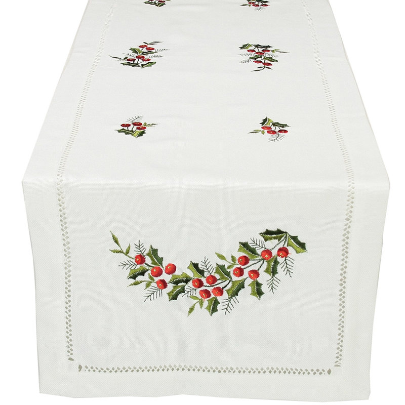 Holly Berry Embroidered Hemstitch Holiday Table Runner, 28" L x 12" W