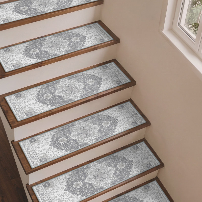 Tapis d'escalier rétro antidérapant rétro avec pattes en bois, Gris, Tapis de couloir 2 pi 6 po x 8 pi, 15