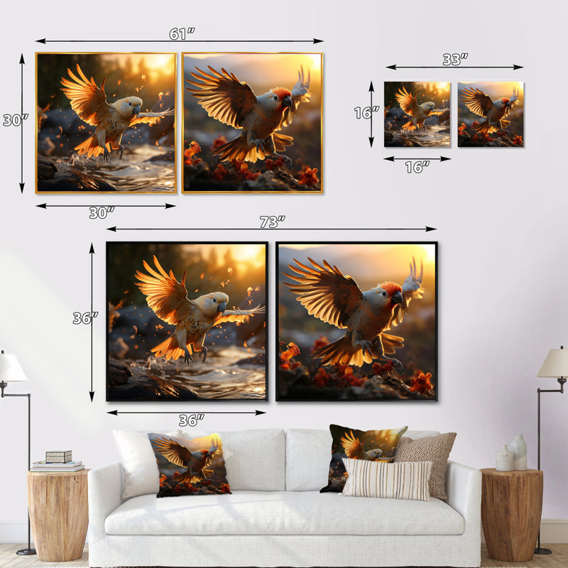 Perroquets jaunes coucher de soleil doré - animaux, perroquet carré, ensemble de 2 collages carrés, Cadre flottant noir