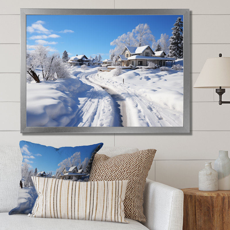 Snowy Country Road II - Winter Mountains, art mural, Cadre flottant brun, H 24 po x l 32 po x P 1 po