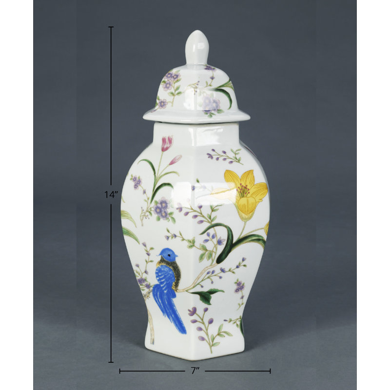 White Ceramic Floral and Bird Ginger Jar with Lid