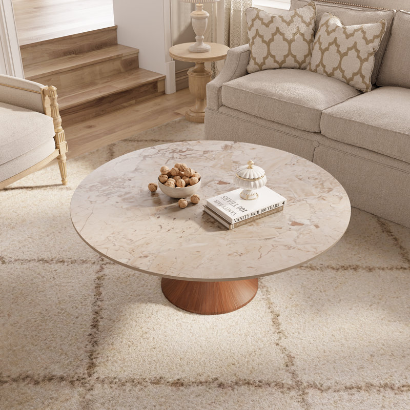 Table basse Mid-Century moderne en marbre effet pierre de marbre, H 17,05 po x L 31,5 po x l 31,5 po, Crème + noyer