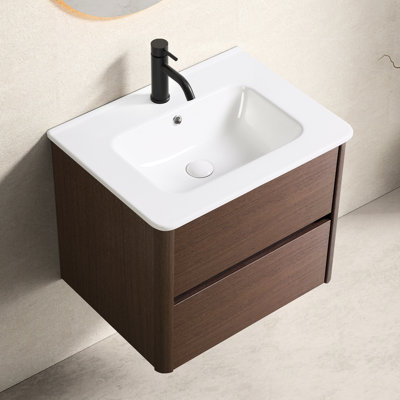 24" Bathroom Vanity With Sink And Drawer, American Design, Dark Brown Plywood, Porcelain To Scratches, Cultured Marble Wall Mounted 1 Style, Ceramic Fired At High Temperature, Smooth Drawer Action