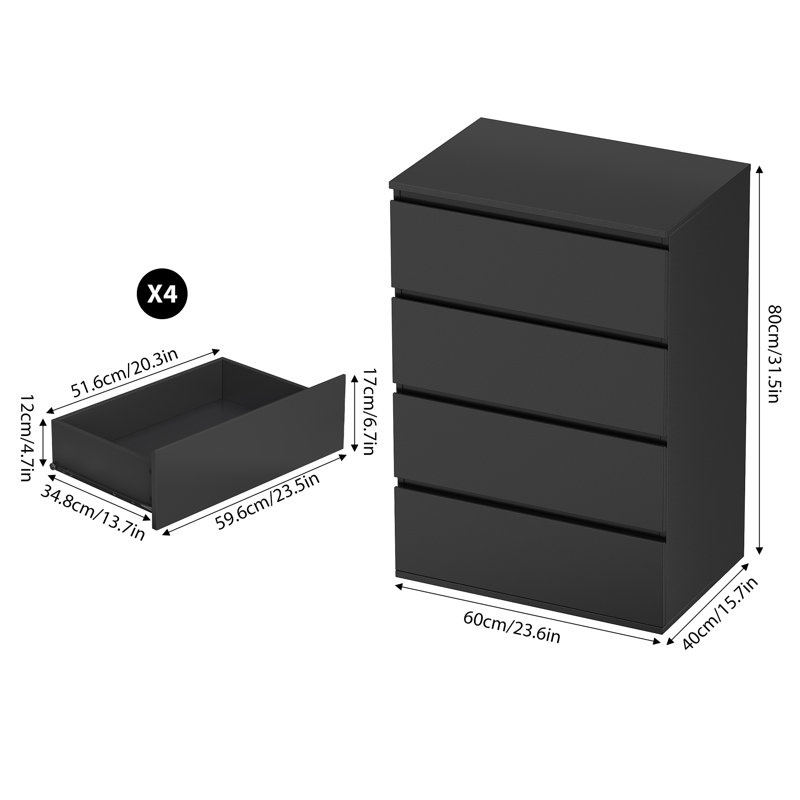 Cassilis 23.6" W 4-Drawer Dresser, Wood Storage Nightstand, Black