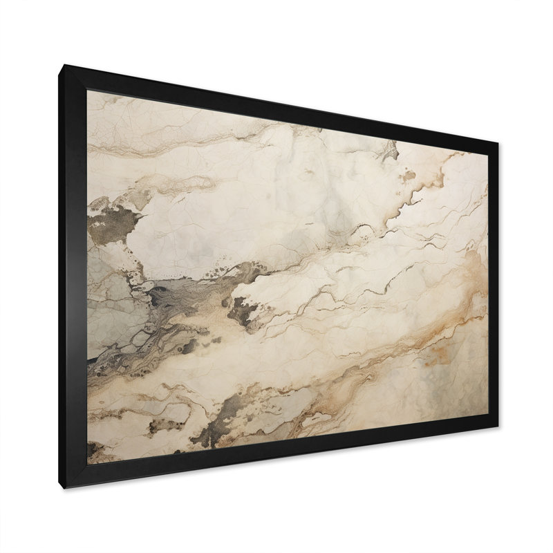 Beige et blanc, rivière de marbre - art mural abstrait en marbre, H 30 po x l 40 po x P 1,5 po, Cadre simple noir