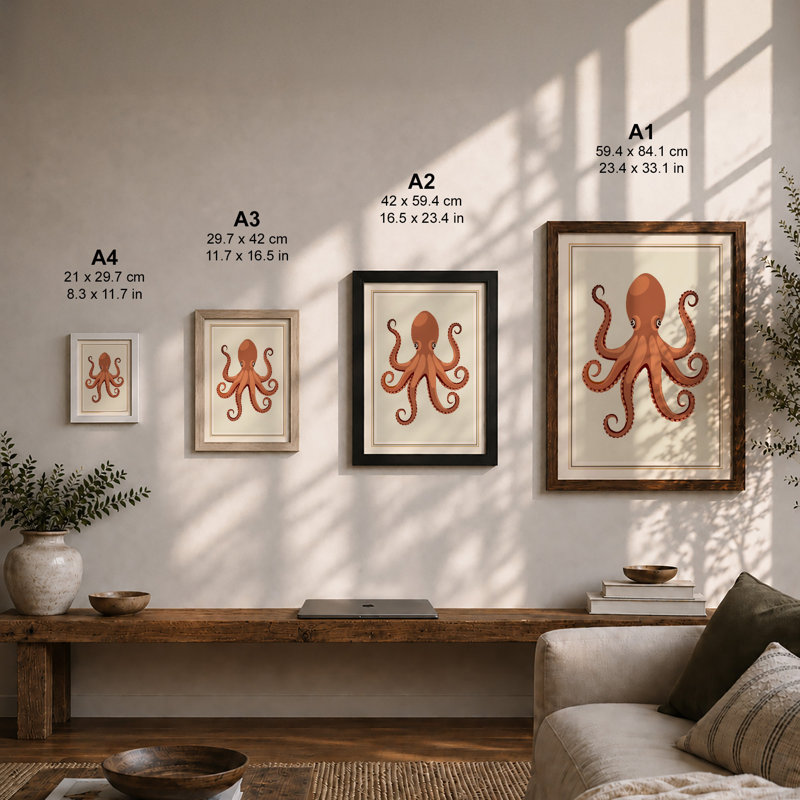 Terracotta Octopus Botanical - Framed Print, A1 - 84.1 x 59.4 cm, White