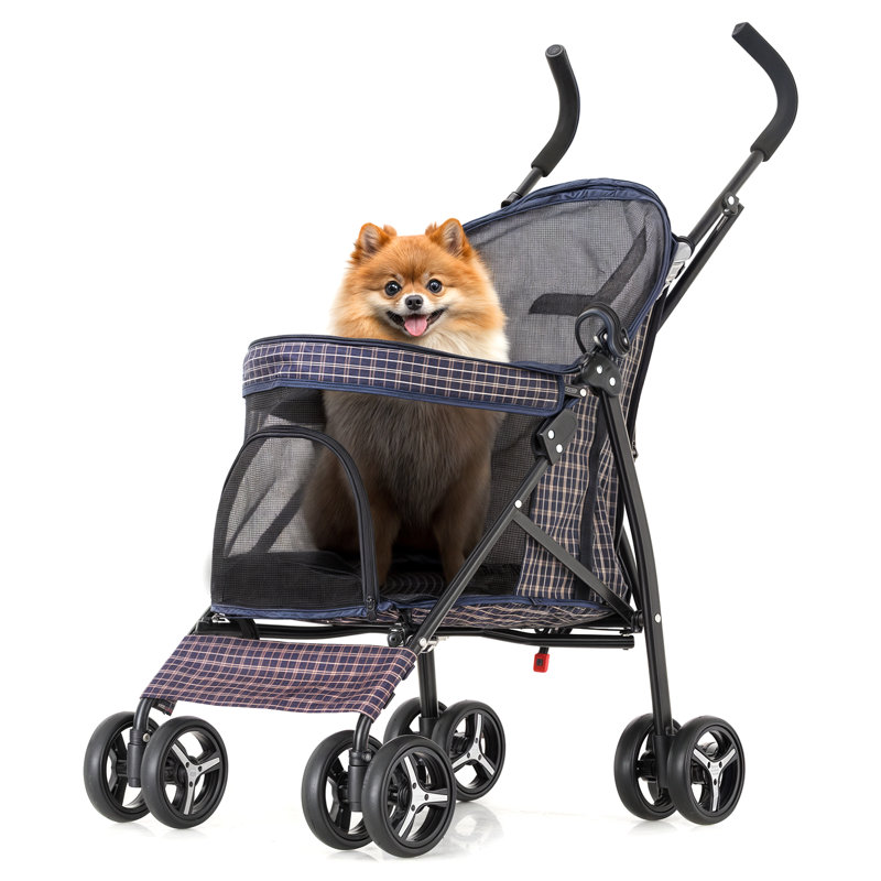 Plaid Steel Frame Foldable Pet Stroller with Rubber Wheels