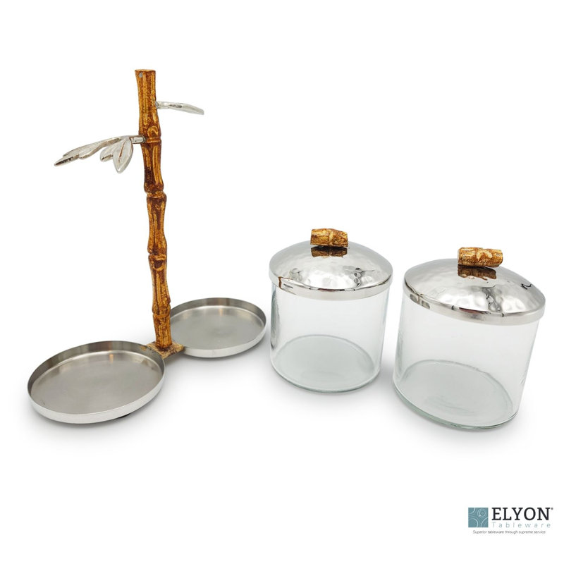 Elyon Stainless Steel and Glass Condiment Server with Bamboo Handle