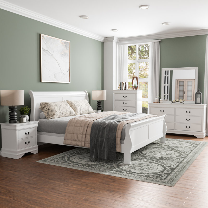 Ensemble de chambre à coucher 6 pièces Aberdeen, Très grand, Blanc, 6 Pcs: Bed, 2 Nightstands, 2 Dressers, Mirror