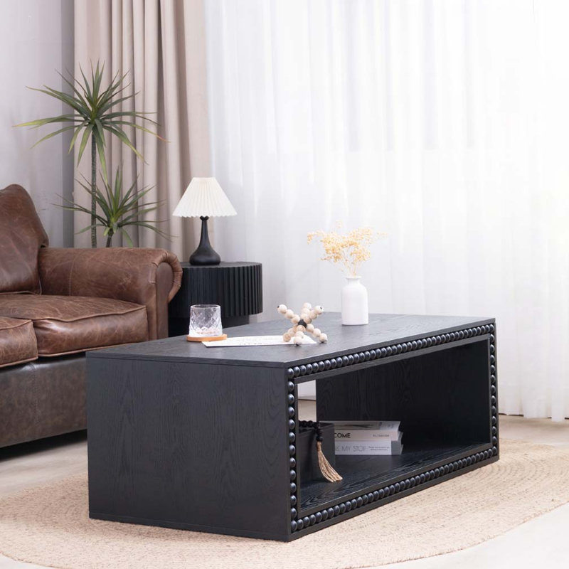 Table basse 47,6 "rectangulaire à bord perlé avec abri de rangement ouvert, Noir